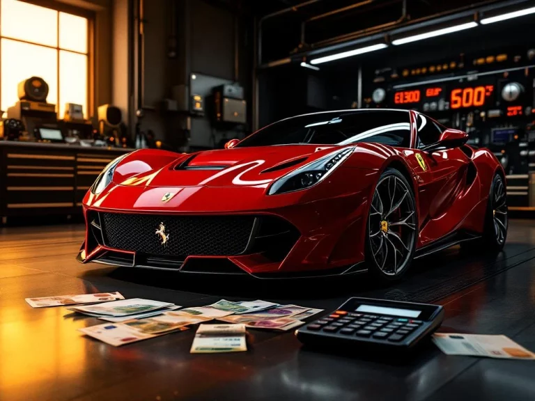 Rode Ferrari sportwagen in luxe garage met gereedschap, euro bankbiljetten en calculator op werkbank