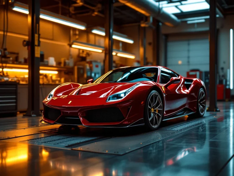 Rode Ferrari sportwagen op professionele hefbrug in luxe autoservicegarage met gouden verlichting en chromen gereedschap