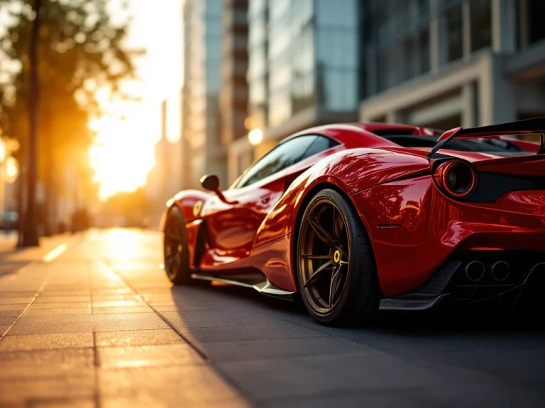 Rode Ferrari sportwagen op stadsstraat tijdens gouden uur, met glanzende reflecties en moderne architectuur op achtergrond