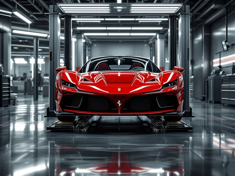 Rode Ferrari sportwagen op hydraulische lift in luxe garage met professionele gereedschappen en dramatische verlichting.