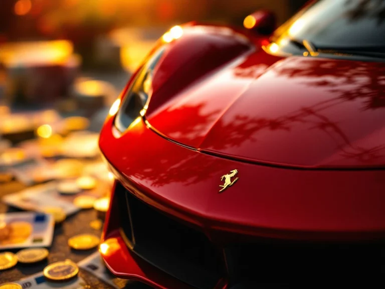 Rode Ferrari sportwagen close-up met chromen details en paardenlogo, gouden verlichting, eurobiljetten op achtergrond