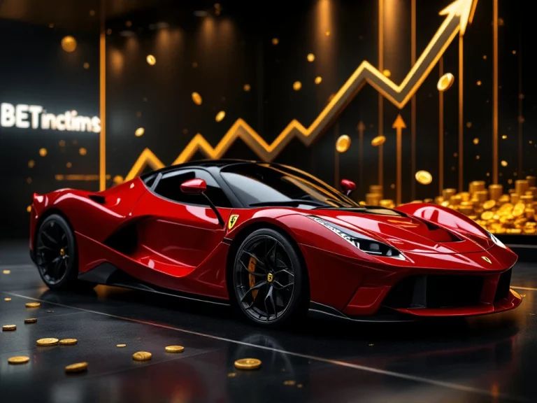 Rode Ferrari sportwagen in luxe showroom met gouden munten en stijgende pijlen, symboliseert auto-investering