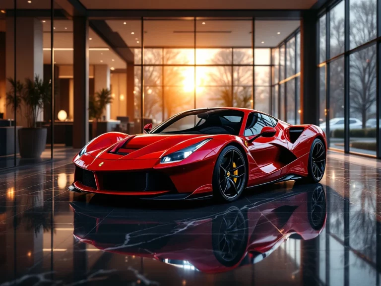 Rode Ferrari sportwagen in luxe Nederlandse showroom met glazen wanden en marmeren vloeren onder LED-verlichting