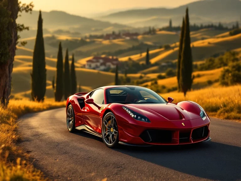 Rode Ferrari sportwagen in Maranello, Italië met heuvels, cipressen en Ferrari fabriek op de achtergrond