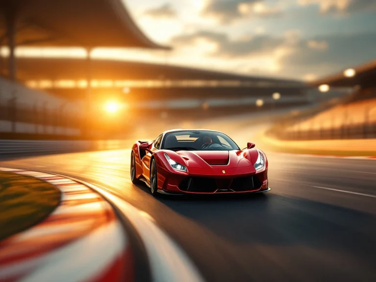 Rode Ferrari sportwagen in bocht op racecircuit met bewegingsonscherpte, gefotografeerd vanuit lage hoek tijdens gouden uur