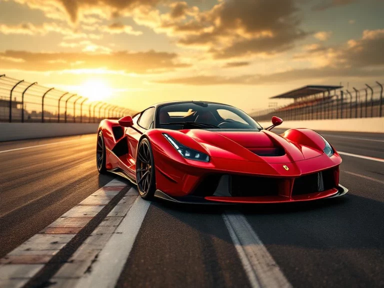 Rode Ferrari sportwagen op racebaan met helm en racepak in voorgrond, dramatische lage hoek tijdens gouden uur