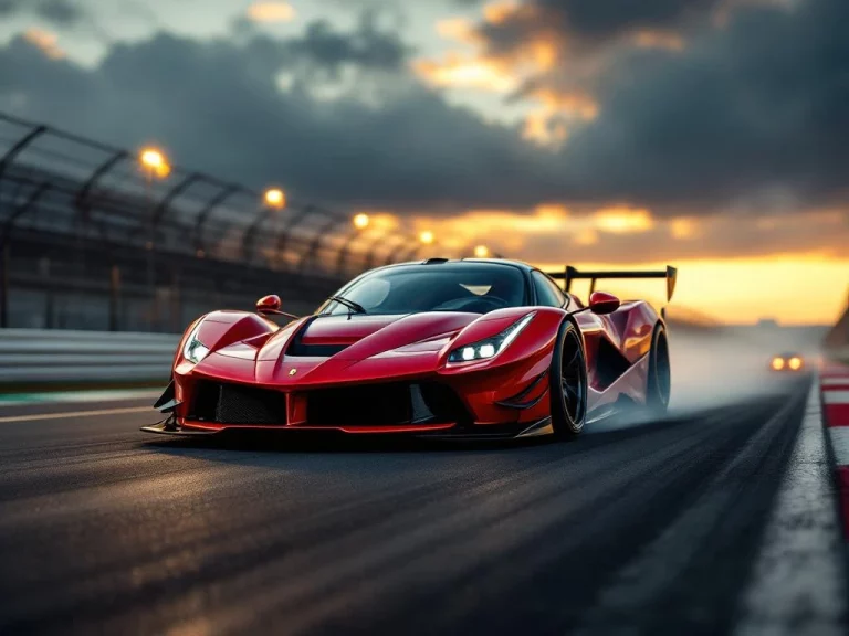 Rode Ferrari sportwagen op racecircuit bij zonsondergang met aerodynamische modificaties en reflecties op lak