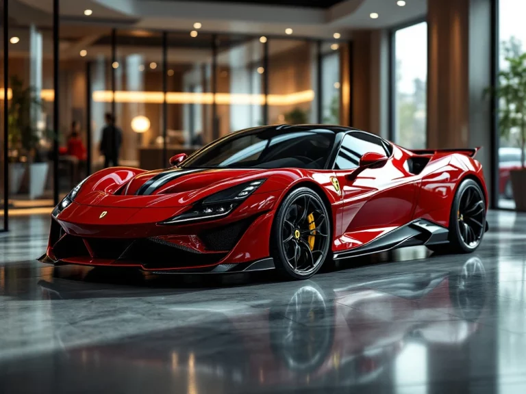Rode Ferrari sportwagen in luxe showroom met dramatische belichting en glanzende betonvloer