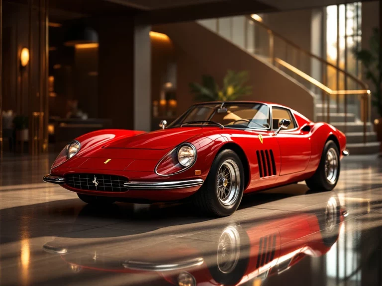 Klassieke rode Ferrari sportwagen uit de jaren 80 in luxe showroom met dramatische verlichting en glanzende betonvloer