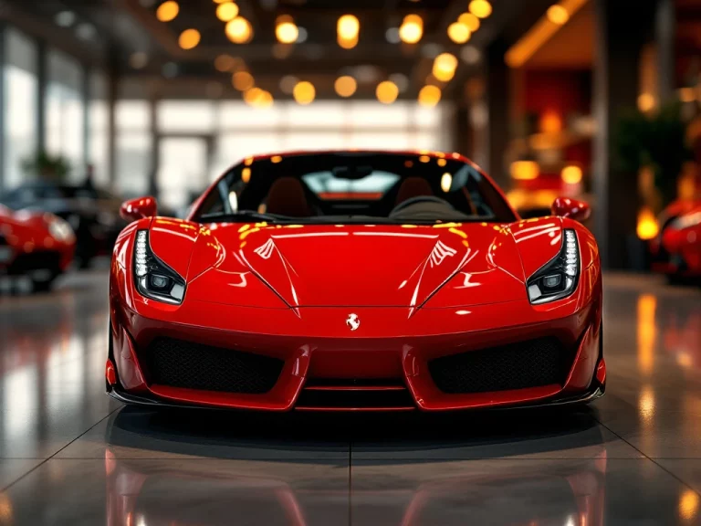 Rode Ferrari sportwagen close-up in luxe showroom met gouden verlichting en glanzende betonvloer