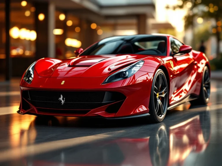 Rode Ferrari sportwagen in luxe showroom met dramatische belichting en glanzende details
