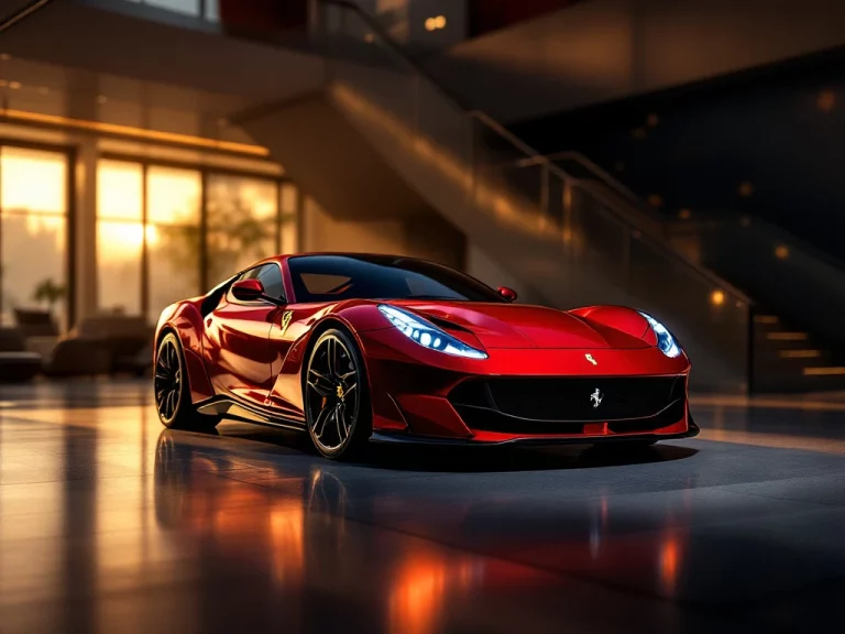 Rode Ferrari sportwagen in luxe showroom met dramatische verlichting en glanzende betonnen vloeren