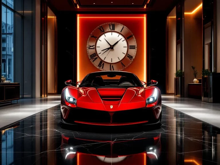 Rode Ferrari sportwagen in luxe showroom met marmeren vloeren en dramatische verlichting, klok symboliseert wachttijd