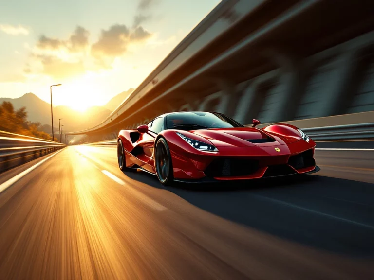 Rode Ferrari sportwagen rijdt op snelweg tijdens gouden uur, gefotografeerd vanuit lage hoek met motion blur