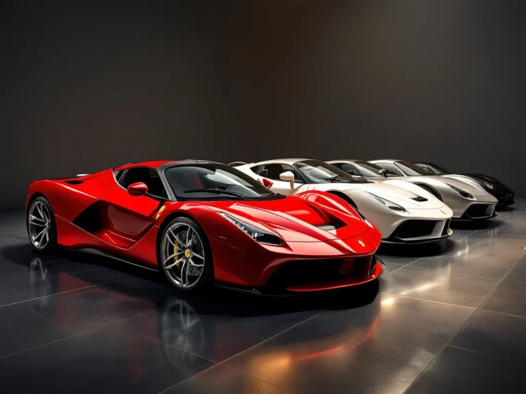 Meerdere Ferrari sportwagens in diagonale formatie op glanzende showroomvloer met dramatische studiobelichting