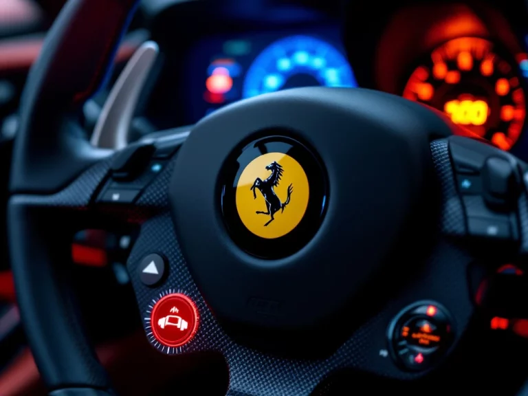 Ferrari stuurwiel close-up met Manettino-schakelaar, verlichte rode dashboard-indicatoren en koolstofvezel details