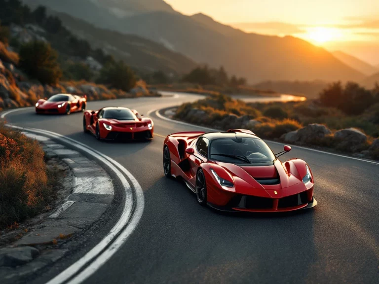 Drie Ferrari sportwagens nemen bochten op bergweg tijdens gouden uur, met dynamische beweging en dramatische schaduweffecten