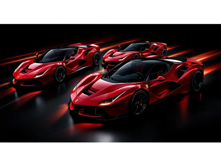 Rode Ferrari sportwagens in diagonale formatie op zwarte ondergrond met studiobelichting en bewegingseffecten