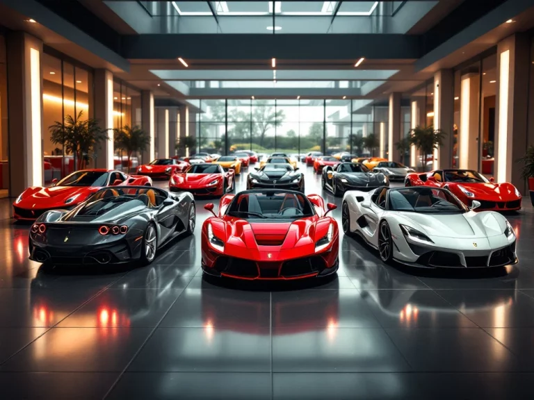 Luxe Ferrari showroom met 2025 sportwagens in rood, grijs en wit met dramatische verlichting en moderne architectuur