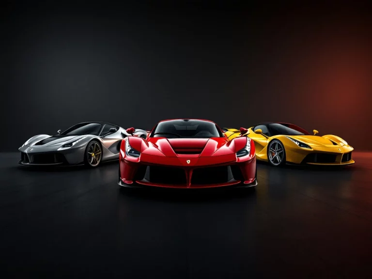 Drie Ferrari supercars in rood, zilver en geel op zwarte ondergrond met dramatische studiobelichting en reflecties