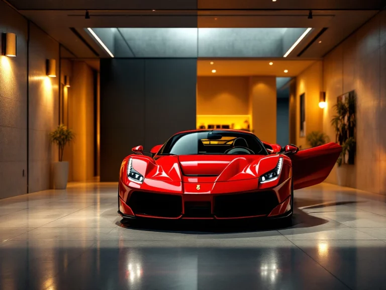 Rode Ferrari sportwagen en familie-SUV naast elkaar in moderne garage met dramatische verlichting