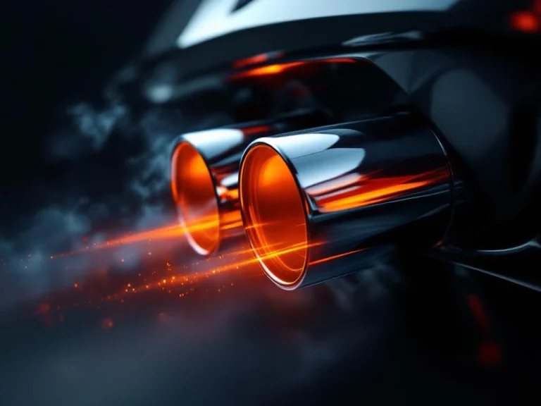 Ferrari uitlaatsysteem close-up met glanzende chromen pijpen die hittegolven uitstoten tegen donkere achtergrond