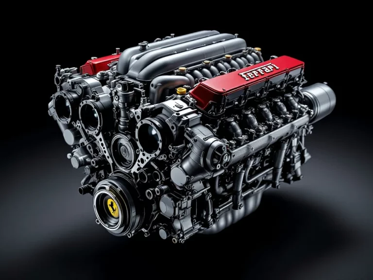 Ferrari V12-motorblok close-up met rode klepdeksels, gepolijste aluminium onderdelen en dramatische studiobelichting