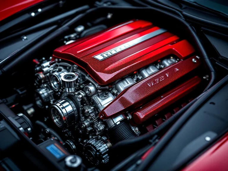 Ferrari V12-motor met rode carbon fiber onderdelen en glanzende metalen oppervlakken in close-up