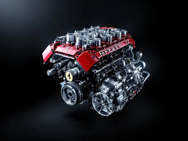 Ferrari V12-motor in doorsnede met zichtbare zuigers, kleppen en krukas in rood met chromen accenten