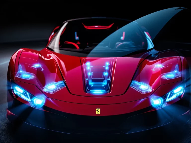 Ferrari rode motorkap met geïntegreerde veiligheidssensors en camera's, verlichte airbag zones in blauw licht