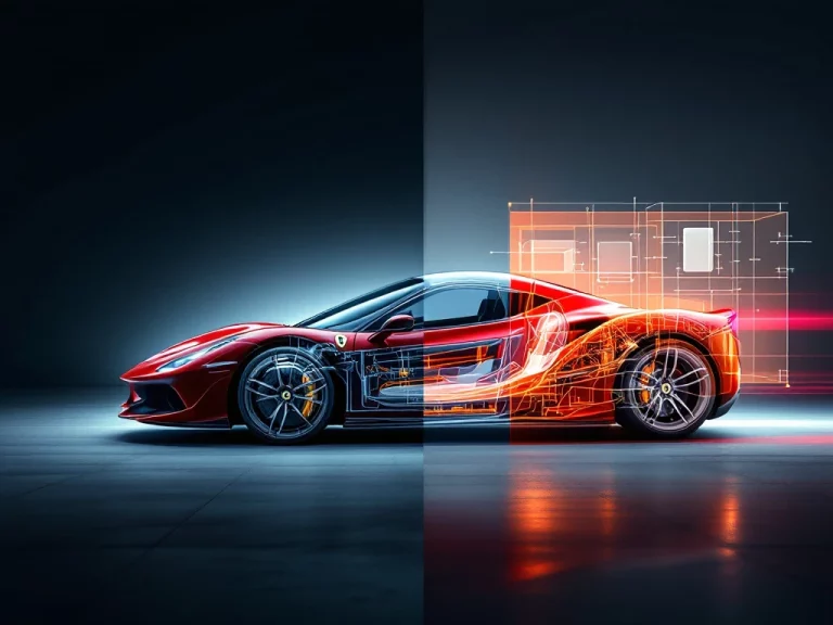 Rode Ferrari sportwagen naast transparante weergave van veiligheidssystemen zoals airbags en chassisversterking