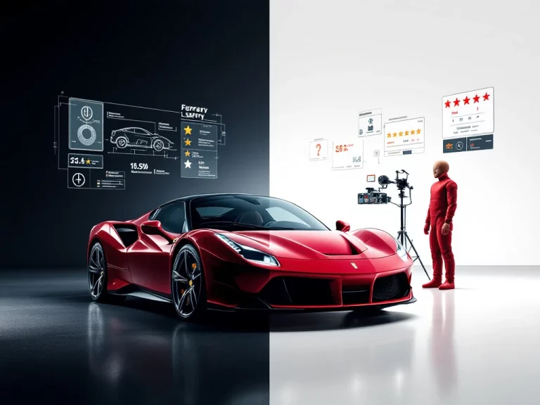 Rode Ferrari sportwagen naast crash test dummy met veiligheidstestapparatuur en sterrenbeoordelingen