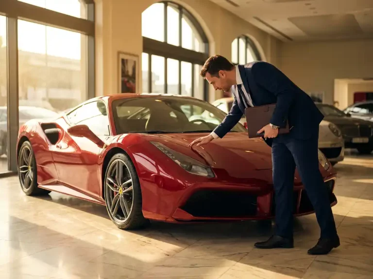 Rode Ferrari 488 GTB in marmeren showroom met verzekeringsagent in marineblauw pak die het voertuig inspecteert