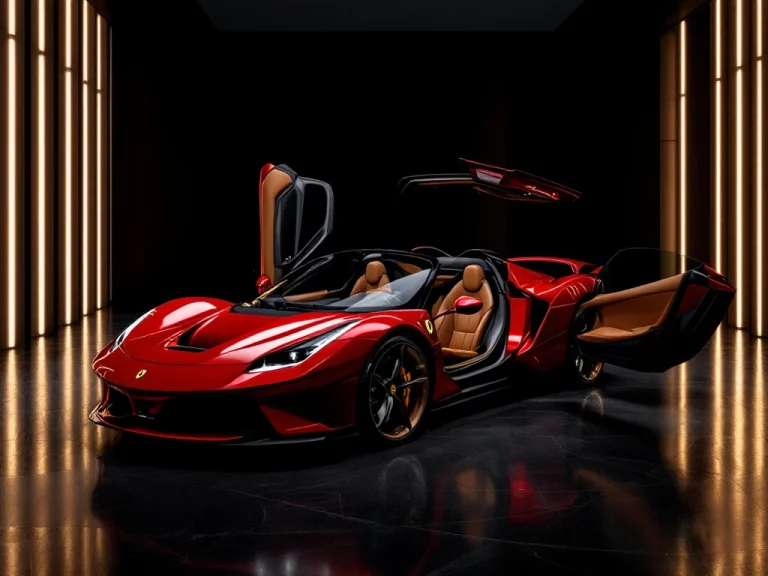 Rode Ferrari vier-zitter in luxe showroom met open deuren die leren interieur tonen, dramatische verlichting