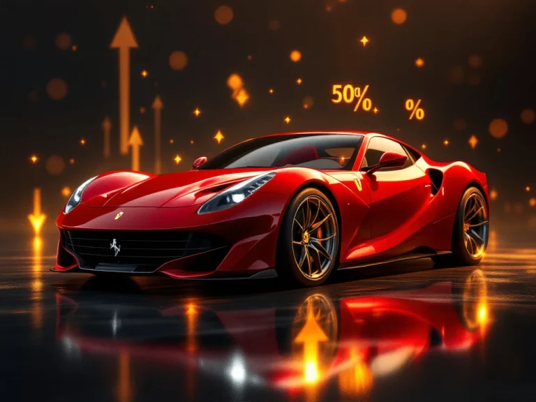 Rode Ferrari sportwagen met gouden verlichting en zwevende procentsymbolen die financiële waardedaling suggereren