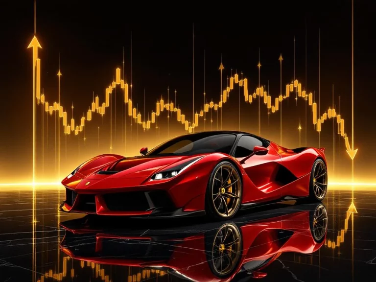 Rode Ferrari sportwagen op zwart marmer met financiële grafieken die waardedaling tonen in gouden studiolicht