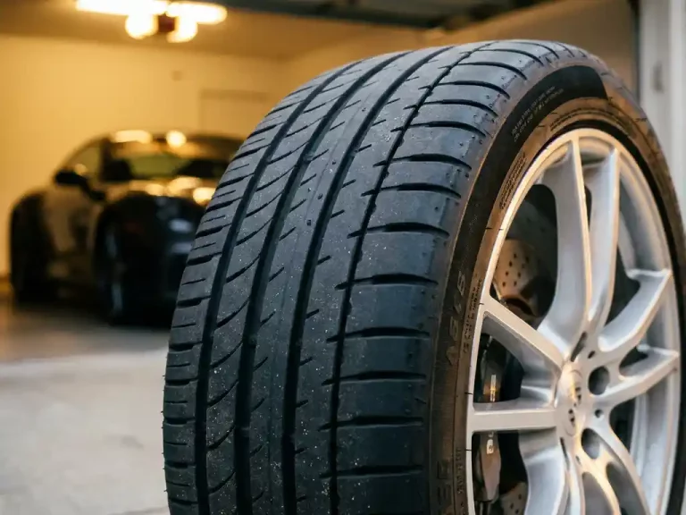 Gedetailleerd loopvlakpatroon van hoogwaardige autoband gemonteerd op glanzende lichtmetalen velg van luxe sportwagen
