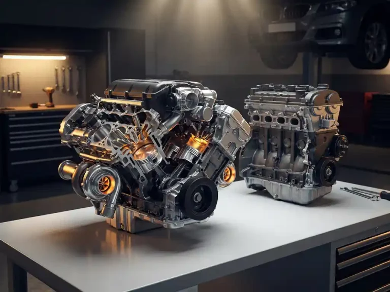 Doorsnede van glanzende hoogprestatie motorblok met zichtbare zuigers en turbochargers naast standaard motor op witte werkbank