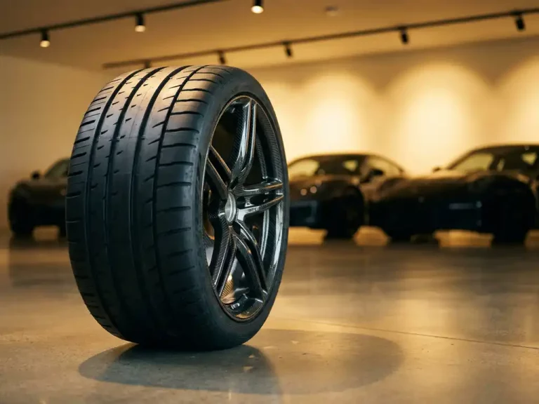 High-performance raceband met diepe profielgroeven op carbon fiber velg in luxe autoshowroom met zachte verlichting