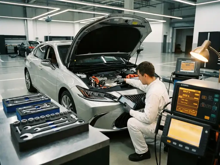 Technicus in witte overall onderzoekt hybride batterijcompartiment van zilveren Lexus in professionele autoworkshop