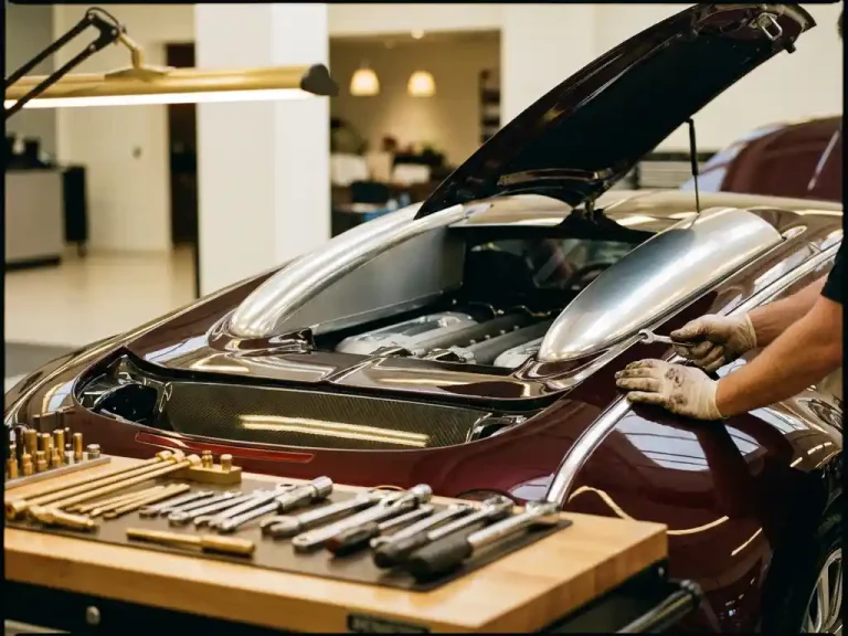 Monteur past hybride motor af in luxe sportwagen met chromen en koolstofvezel onderdelen in professionele werkplaats