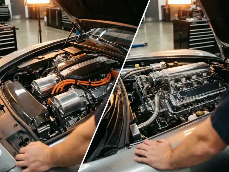 Luxe auto motorruimte met hybride aandrijflijn en V8-motor met chromen onderdelen in professionele werkplaats