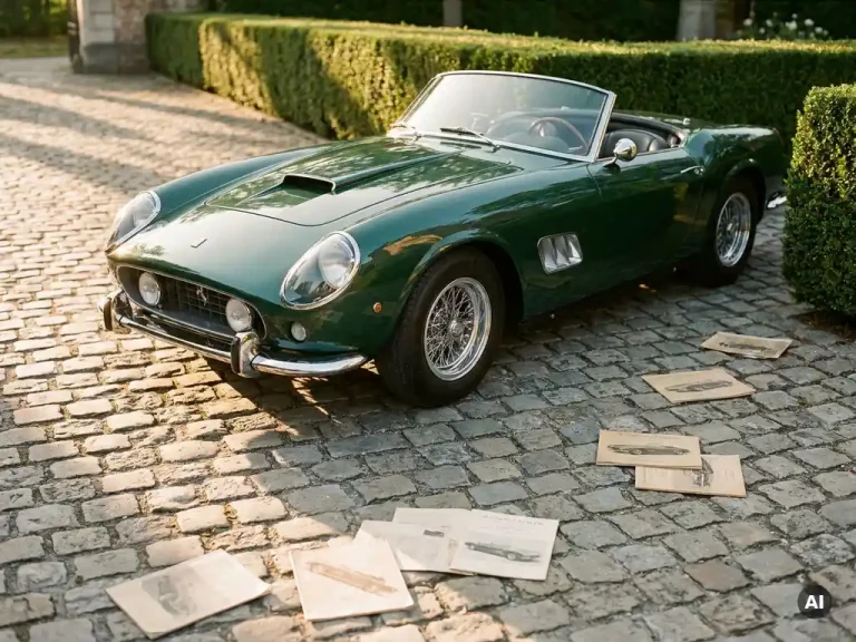 Glanzende groene Italiaanse sportwagen uit de jaren 60 met chromen details op een zonnig kinderkopjespad, omringd door veilingcataloguspagina's in goudkleurig licht.