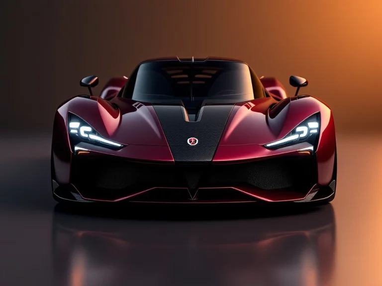 Donkerrode Italiaanse De Tomaso supercar met carbon fiber accenten in dramatische hoek tegen amber achtergrond