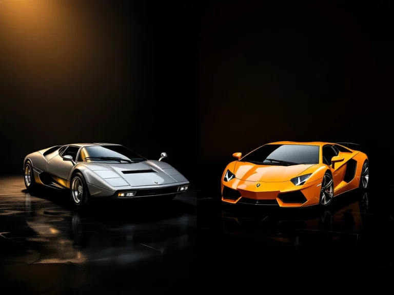 Zilverkleurige De Tomaso Pantera en oranje Lamborghini superauto's in dramatische studiobelichting op zwarte ondergrond