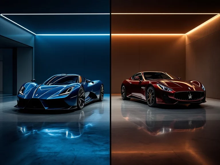 Twee Italiaanse supercars in luxe showroom: blauwe De Tomaso en bordeauxrode Maserati onder LED-verlichting
