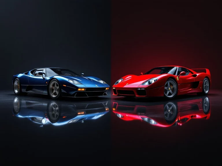 Twee Italiaanse supercars zij aan zij: blauwe De Tomaso Pantera links, rode Ferrari rechts op glanzende zwarte ondergrond