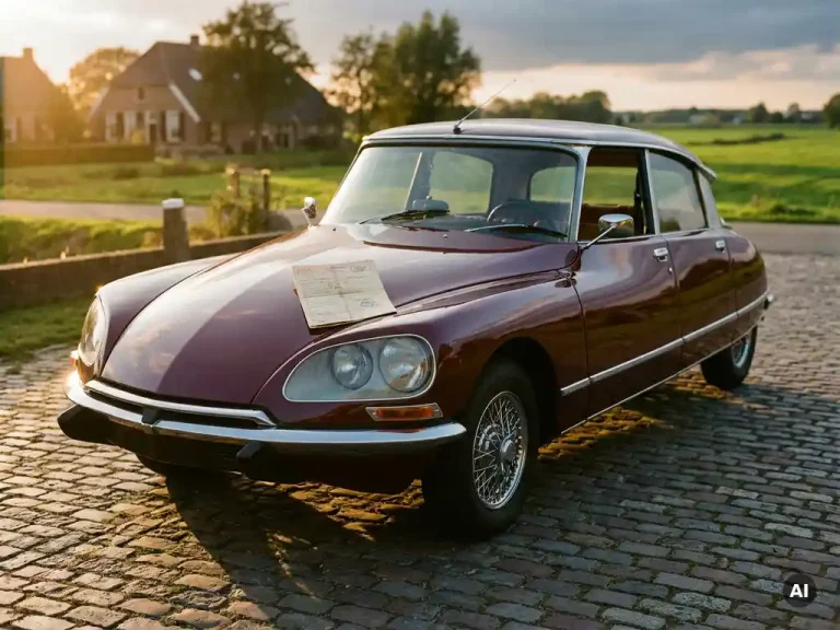 Glanzende bordeauxrode klassieke auto uit de jaren 60 op een zonnig kasseienpad met chromen details en kentekenbewijs op de motorkap, Nederlandse achtergrond.