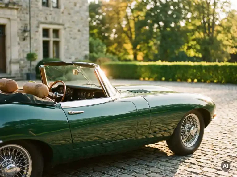 Britse racinggroene klassieke auto op een zonbeschenen kinderkopjesoprit, met glanzend chroom en een vleugje bokeh van heggen op de achtergrond.