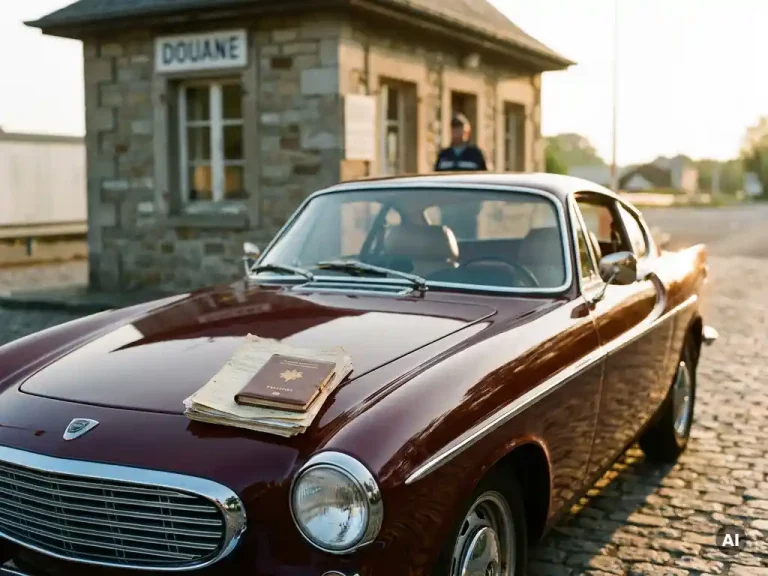 Klassieke Europese auto uit de jaren 60 bij een zonnig Nederlands douanepost, met importdocumenten en paspoort op de motorkap.